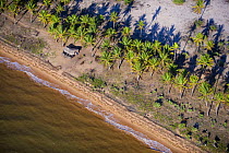 Aerial view of coast with palm trees and fisherman's hut around Betsiboka river, Majunga area, North-west Madagascar, November 2008