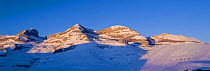 The three Sorores mountains and Monte Perdido, 3,300m high, panoramic view of the Ordesa Valley from Cuello Gordo in winter, Ordesa National Park, Aragon, Pyrenees, Spain, February 2009