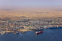 Aerial view of harbour and atlantic coast, Walvis Bay, Namibia, Africa, August 2008