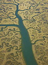 Aerial view of river tributaries, saltmarsh and coast, Punta Umbria, Costa de la Luz, Huelva, Andalucia, Spain, March 2008