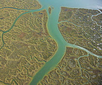 Aerial view of river tributaries, saltmarsh and coast, Odiel, Costa de la Luz, Huelva, Andalucia, Spain, March 2008