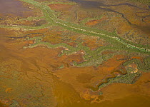 Aerial view of Rio Tinto estuary with iron minerals colouring the soil and water, Costa de la Luz, Huelva, Andalucia, Spain, March 2008