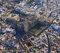 Aerial view of the historic centre of the city of Seville showing Cathedral and orange grove courtyard, Andalucia, Spain, March 2008
