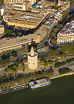 Aerial view of the River Guadalquivir and Clock tower in the city of Seville, Andalucia, Spain, March 2008