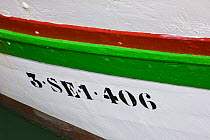 Registration number of fishing trawler, Puerto de Chipiona, Costa de la Luz, Cadiz, Andalucia, Spain, March 2008