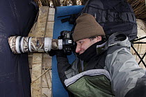 Manuel Presti while photographing Red breasted geese from hide, Durankulak Lake, Bulgaria, February 2009