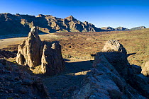 Los Roques de Garcia and the Catedral, geologic formations on the South face of the Teide Volcano, Teide National Park, Tenerife, Canary Islands, Spain, December 2008