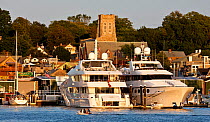 Two luxury yachts moored in Newport Harbour, Rhode Island, USA. 2009.