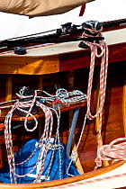 Messy ropes aboard a 6 Metre Class yacht, World Championships, Newport, Rhode Island, USA. September 2009.
