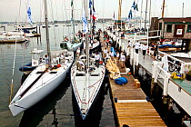 Yachts moored in marina, 12 Metre World Championships, Newport, Rhode Island, USA. September 2009.