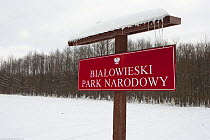 National park sign, Bialowieza NP, Poland, February 2009