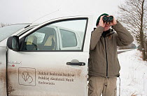 Researcher looking through binoculars, collecting data about bison, Bialowieza NP, Poland, February 2009