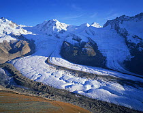 View from Gornergrat to Liskamm and Breithorn mountains, with Boarder glacier and Schwrze glacier, Switzerland, September 2008