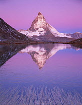 Matterhorn (4,478m) with reflection in Riffel Lake, at sunrise, Wallis, Switzerland, September 2008