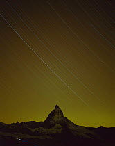 Matterhorn (4,478m) at night, with star trails, from Gornergrat, Wallis, Switzerland, September 2008