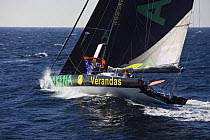 Imoca monohull "Akena Verandas", skippered by Arnaud Boissieres and co-skippered by Vincient Riou. Training for Transat Jacques Vabre, Belle Ile, Brittany, France. October 2009.
