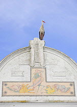 White stork (Ciconia ciconia) on top of town house with paintings of storks on it, Los Barruecos de Caceres, Extremadura, Spain, April 2009