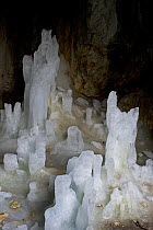 Ice forming stalagmite structures in Ledena Pecina (an ice cave) inside Obla Glava (Rounded head peak) Durmitor NP, Montenegro, October 2008