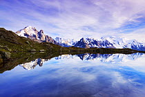Lacs des Cheserys with Aiguilles de Chamonix, Aiguilles Vert (4,122m) left and Mont Blanc (4,810m) highest right, Haute Savoie, France, Europe, September 2008