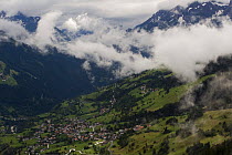 View into the valley around Fliess from Kaunergrat visitor's centre, showing the village and mountains in the distance, Naturpark Kaunergrat, Tirol, Austria, July 2008