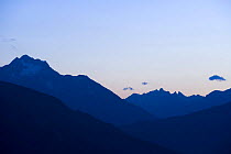 Alpine skyline from Kaunergrat visitor's centre at dusk, Naturpark Kaunergrat, Tirol, Austria, July 2008