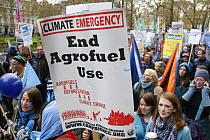 Protesters carrying a sign stating 'Climate Emergency. End Agrofuel Use' part of 'The Wave' climate change march ahead of the Copenhagen climate summit, London, UK, 5th December 2009