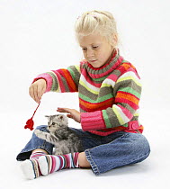 Girl playing with silver tabby kitten. Model released
