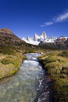 Cerro Fitz Roy and river of glacial meltwater, Los Glaciares National Park, Argentina February 2009