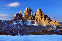 Tre Cime di Lavaredo mountains at sunrise, Sexten Dolomites, South Tyrol, Italy, Europe, July 2009