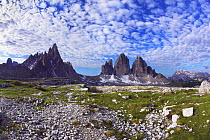 Paternkofel (left) and Tre Cime di Lavaredo mountains, Tre Cime di Lavaredo, Sexten Dolomites, South Tyrol, Italy, Europe, July 2009