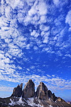 Tre Cime di Lavaredo mountains with clouds in the sky, Sexten Dolomites, South Tyrol, Italy, Europe, July 2009
