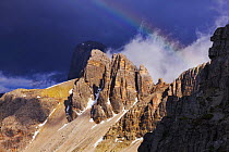 Rainbow over mountains seen from the base of the Paternkofel Mountain, Sexten Dolomites, South Tyrol, Italy, Europe, July 2009