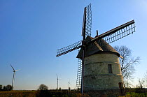 21st Century wind farm beside restored 17th Century Windmill "Le moulin Guidon", Eaucourt-sur-Somme, France, March 2009