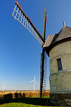 21st Century wind turbines beside restored 17th Century Windmill "Le moulin Guidon", Eaucourt-sur-Somme, France, March 2009