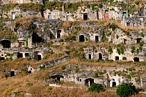 Old abandoned Sassi, houses dug into the tuff rock,  Matera, Basilicata, Southern Italy, June 2009