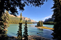View from Spirit Island of Maligne Lake and mountains, Jasper National Park, Rocky Mountains, Alberta, Canada, September 2009