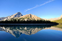 Mountains reflected in Maligne lake, Jasper NP, Rocky Mountains, Alberta, Canada, September 2009