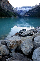 Mount Victoria with its reflection in Lake Louise, Banff National Park, Rocky Mountains, Alberta, Canada, September 2009