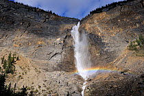 Rainbow in Takakkaw Falls, with people walking along path, Yoho National Park, Rocky Mountains, British Columbia, Canada, September 2009