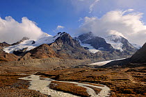 River flowing from the Athabasca Glacier with Mount Athabasca, Columbia Icefield, Jasper National Park, Rocky Mountains, Alberta, Canada, September 2009