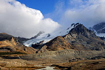 Mount Athabasca and the Athabasca glacier, with thick clouds, Columbia Icefield, Jasper National Park, Rocky Mountains, Alberta, Canada, September 2009