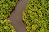 Aerial view of Oxbow lake in Amazon Rainforest on the Yavari / Javari River, Peruvian Bank, Peru