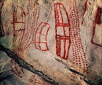 Prehistoric rock painting or geometrical figures. El Castillo cave, Cantabria, Spain.