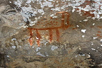 Prehistoric cave painting of a deer (Cervus elaphus), Abrigo de Cochantoria, Teverga, Somiedo, Asturias, Spain. July 2008.
