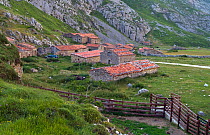 Traditional Alpine summer pasture sheds, with shepherd's SUV parked. Picos de Europa National Park, Cantabria, Spain. July 2008.