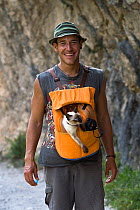 Hiker with a cat in a pouch, Cares Gorge, Picos de Europa National Park, Cantabria, Spain. July 2008.