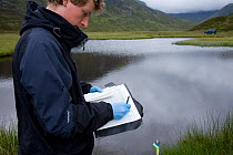 Researcher records field notes on Upland water vole (Arvicola terrestris) as part of Cairngorms Water Vole Conservation Project, Scotland, UK, July 2008