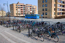Public bus and 'cycle park' as part of transport system, Sweden, April 2008