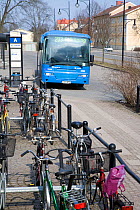 Public bus and  'cycle park' as part of transport system, Sweden, April 2008