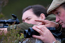 Deer stalker using binoculars to spot deer for guest looking down telescopic sight of gun, Glenfeshie, Cairngorms, Scotland, UK, June 2008, model released